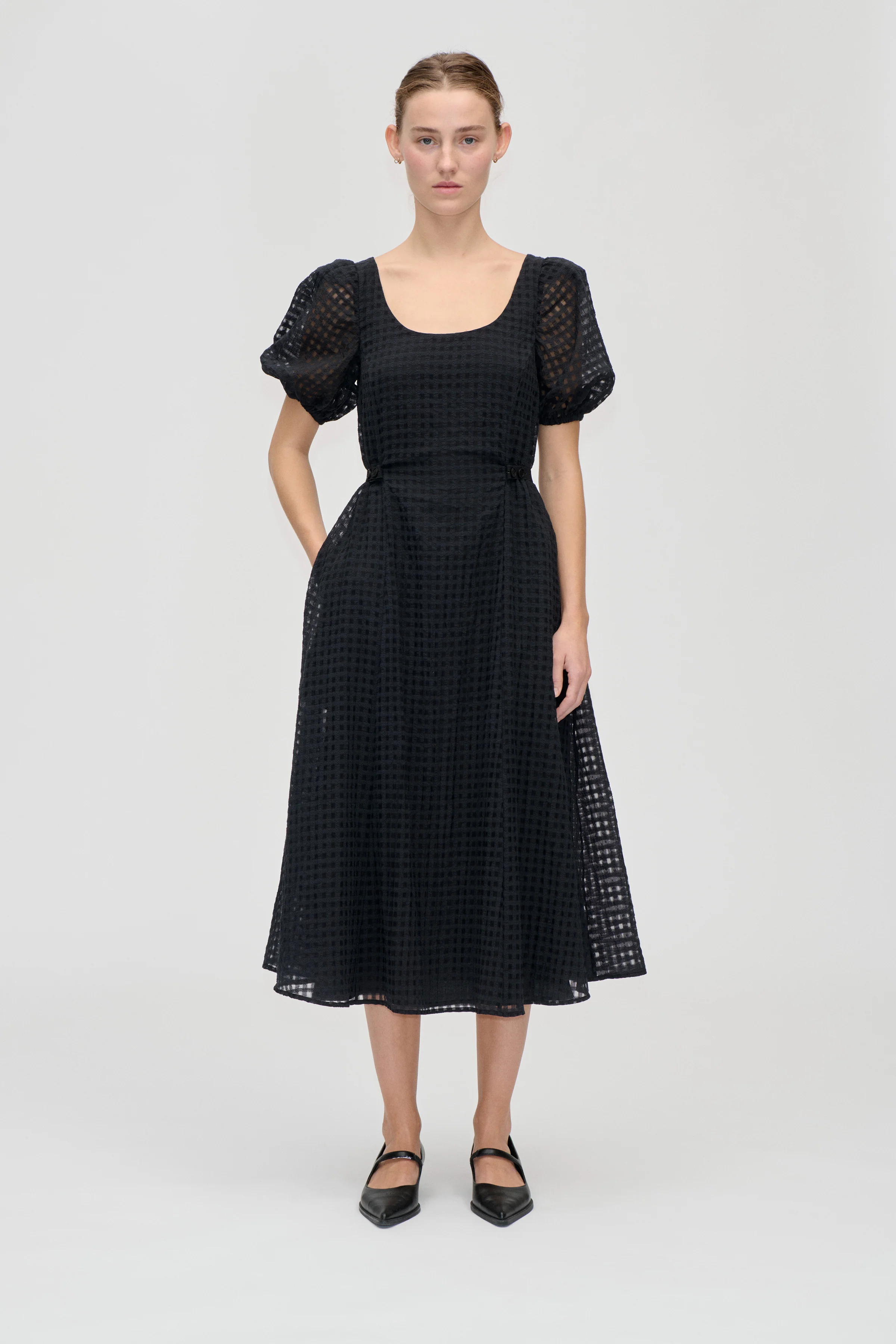 Adjustable Waist Voluminous Midi Dress - Checkered Organza