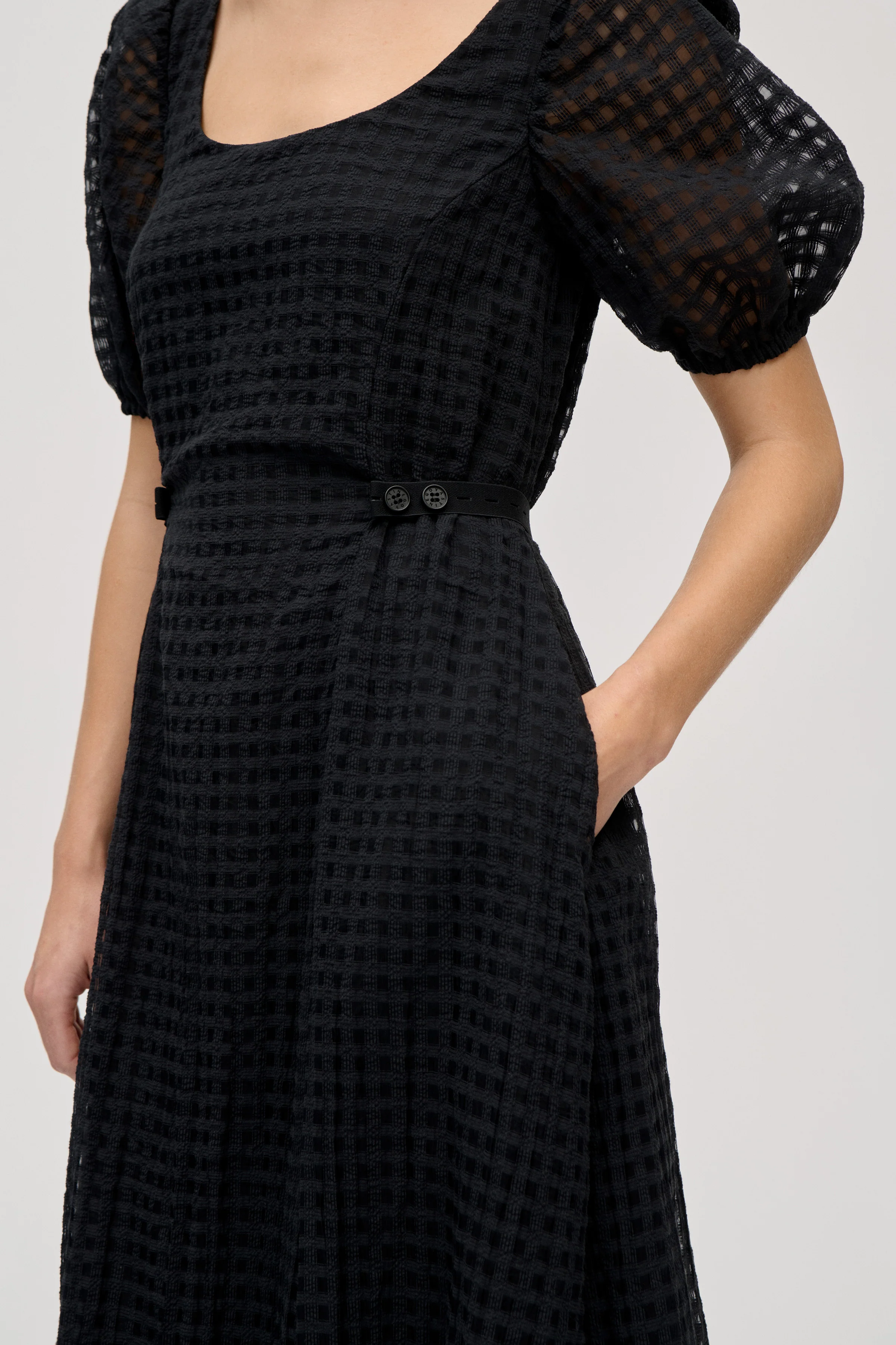 Adjustable Waist Voluminous Midi Dress - Checkered Organza - Image 2