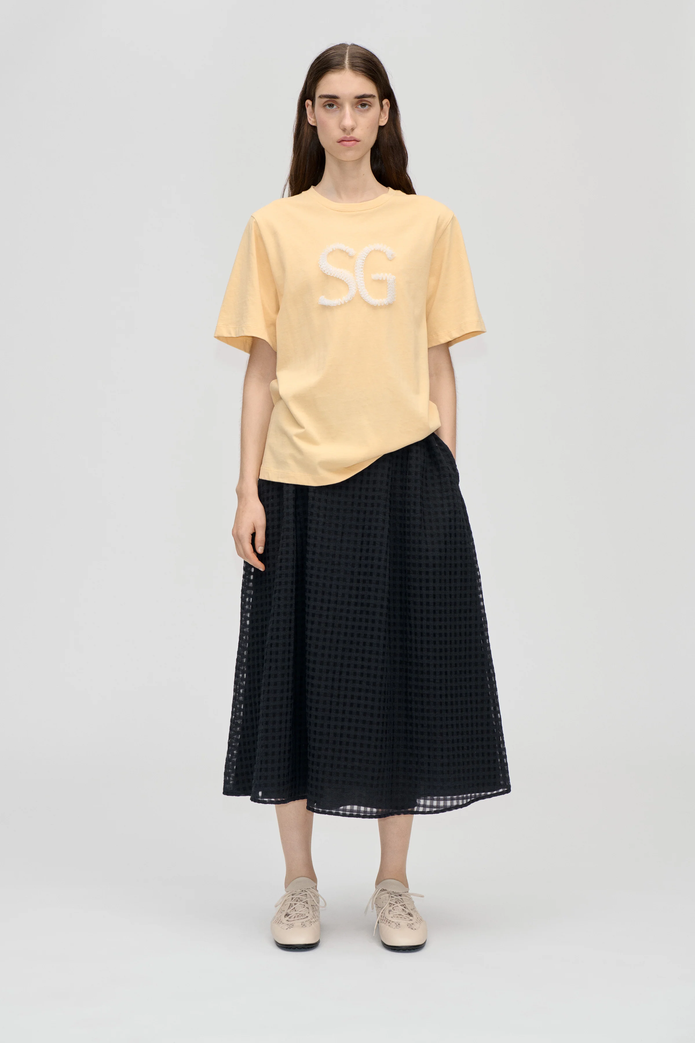 Adjustable Waist Voluminous Midi Skirt - Checkered Organza