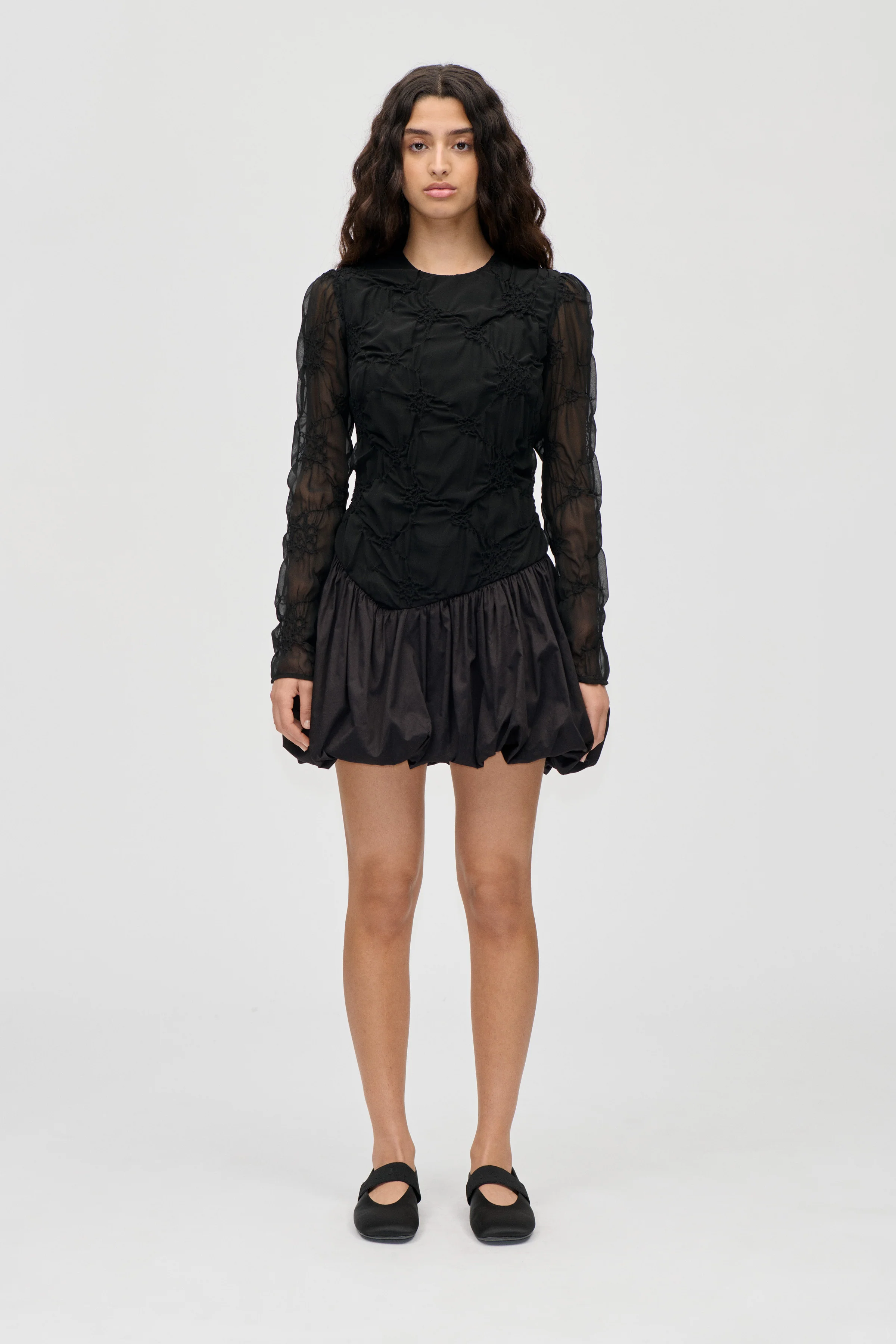 Balloon Long Sleeve Short Dress - Smocked Flowers