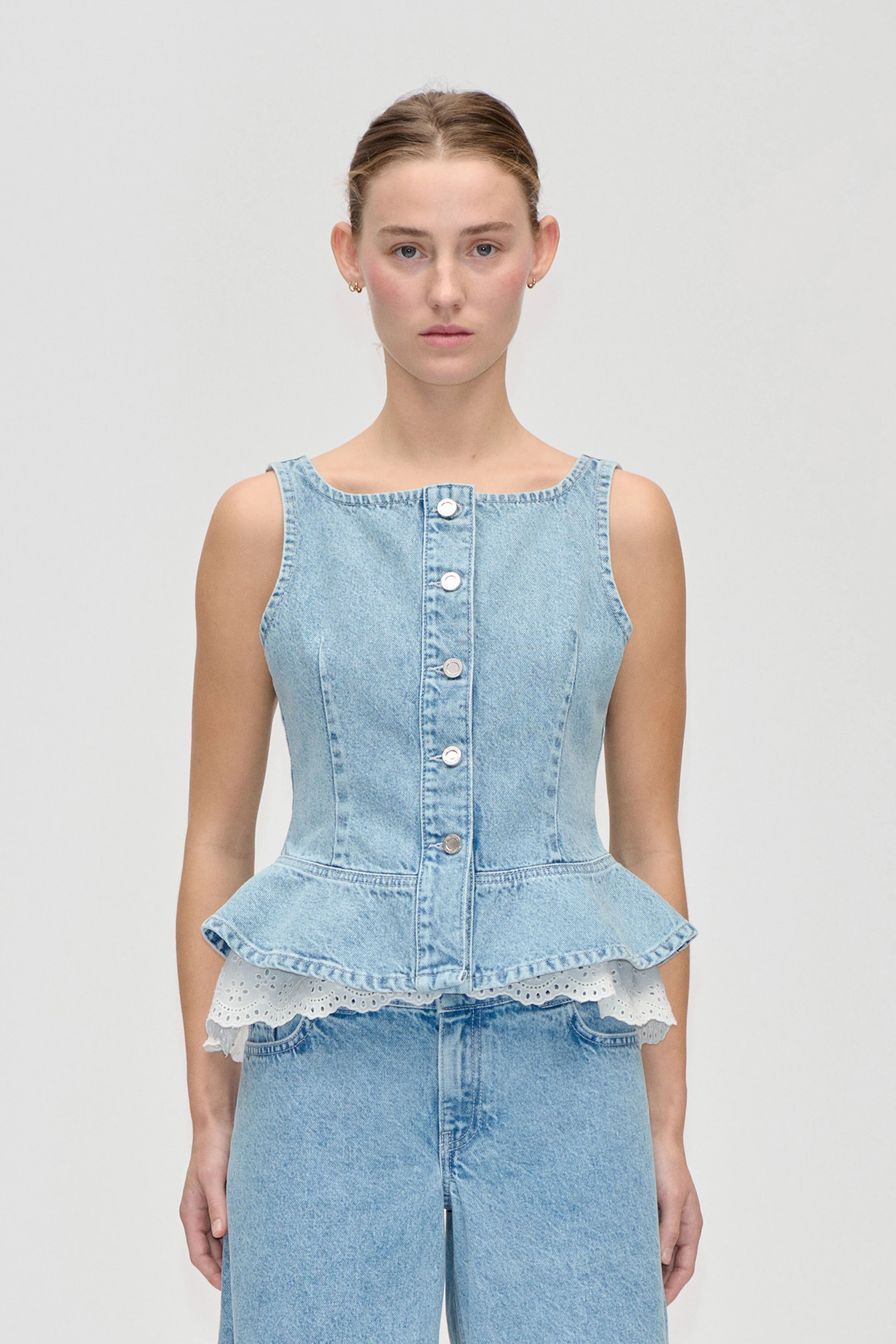 Boatneck Frill Buttoned Top - Denim Blue