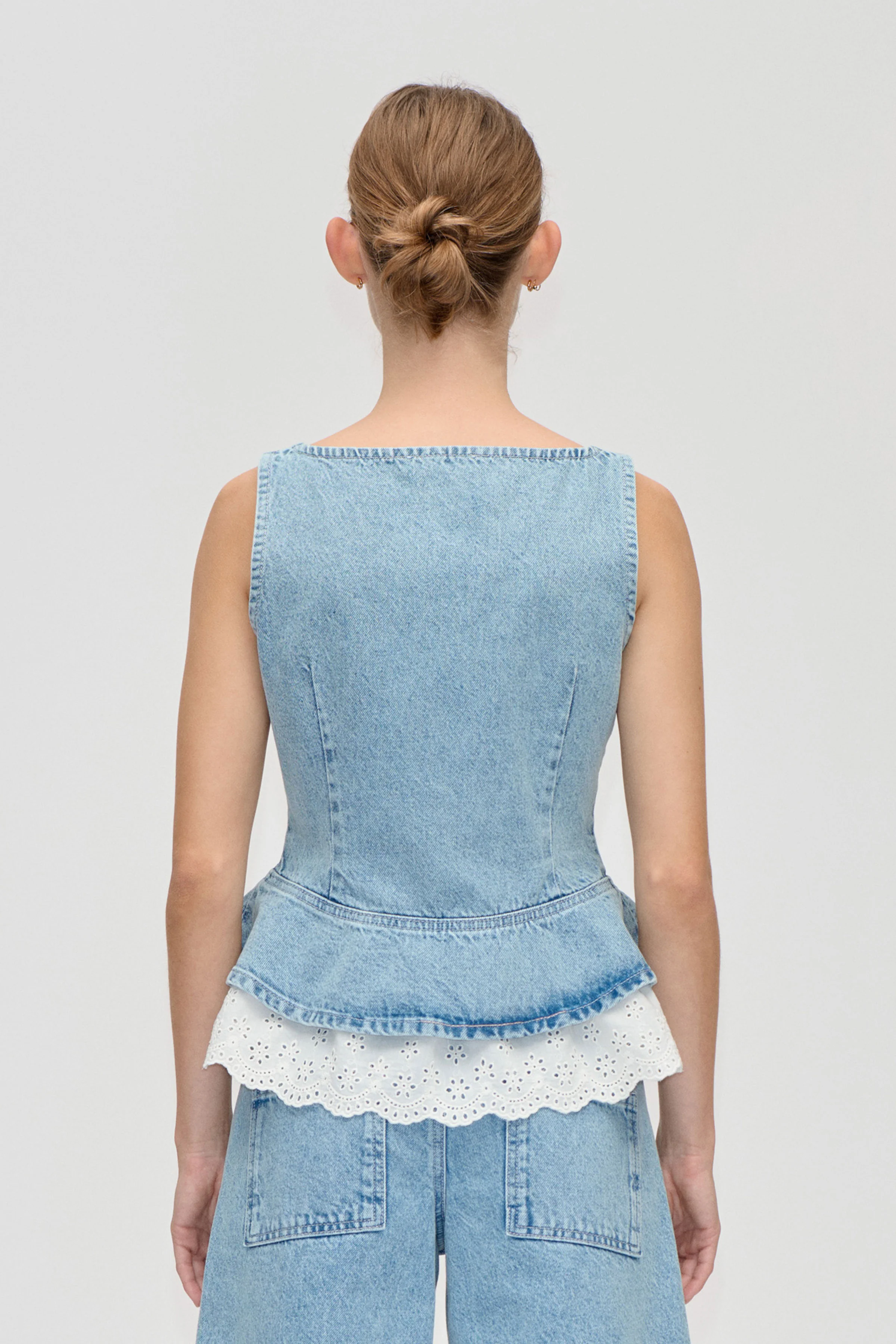 Boatneck Frill Buttoned Top - Denim Blue - Image 2
