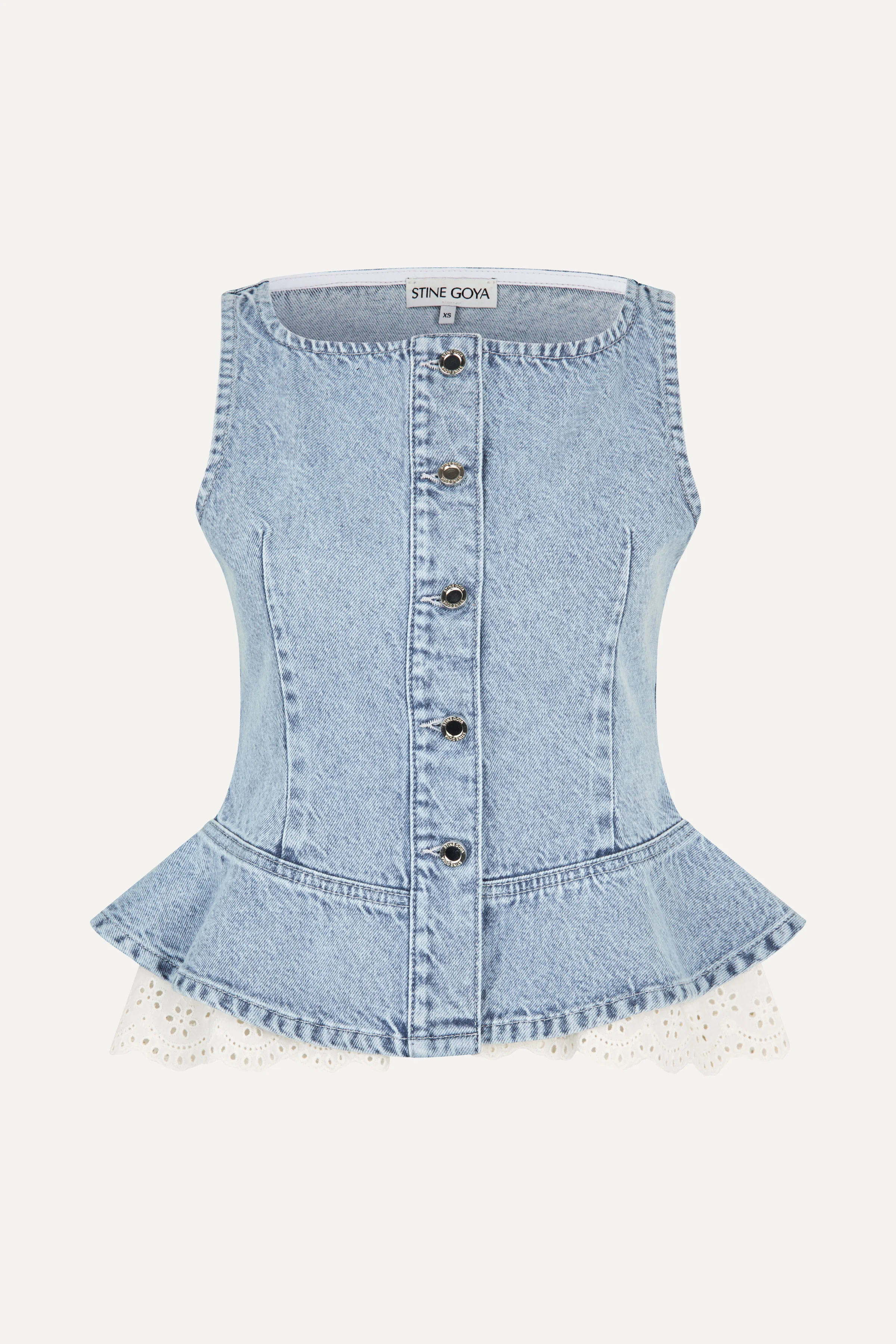 Boatneck Frill Buttoned Top - Denim Blue - Image 4