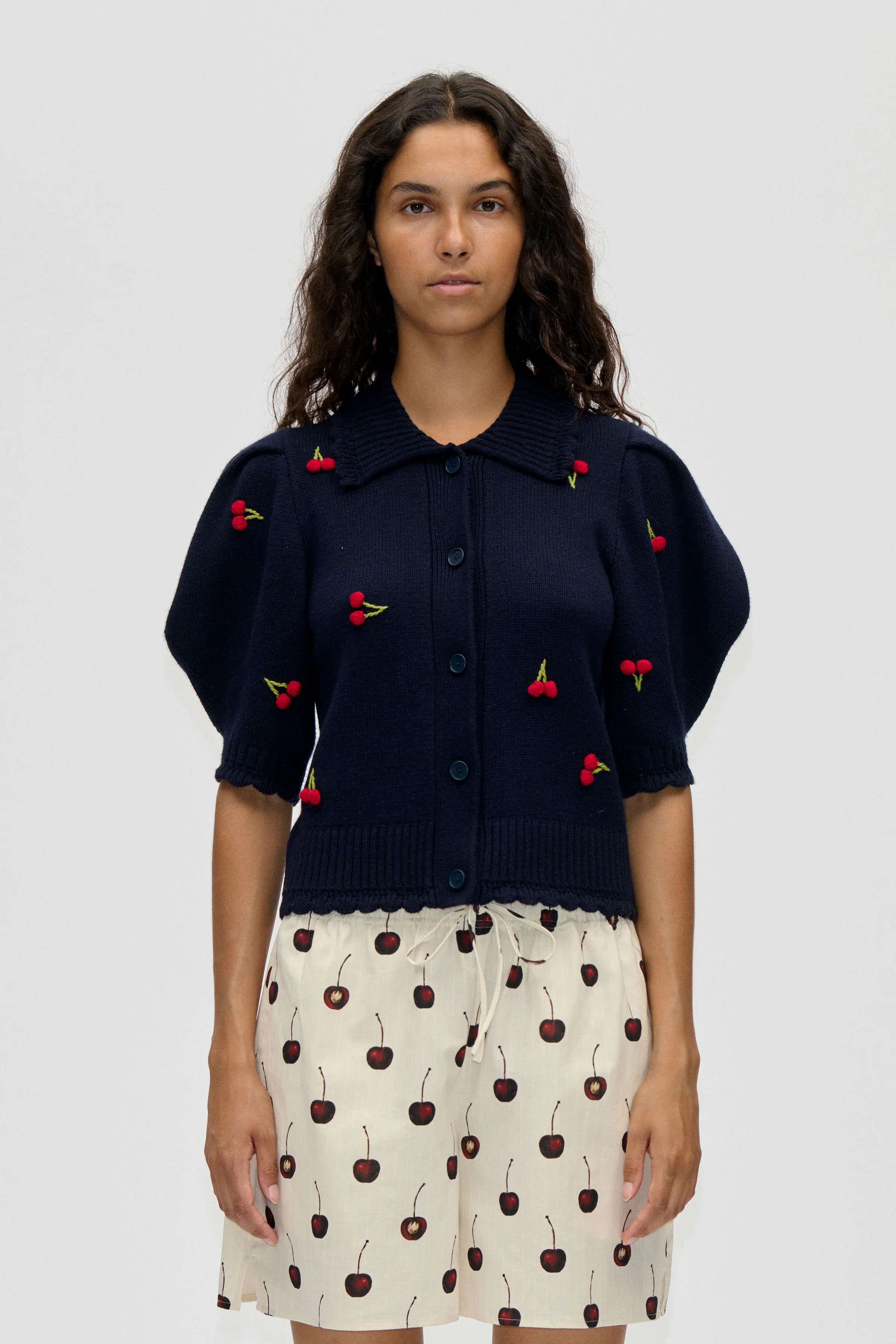 Bobble Knit Polo Cardigan - Cherries Bobble