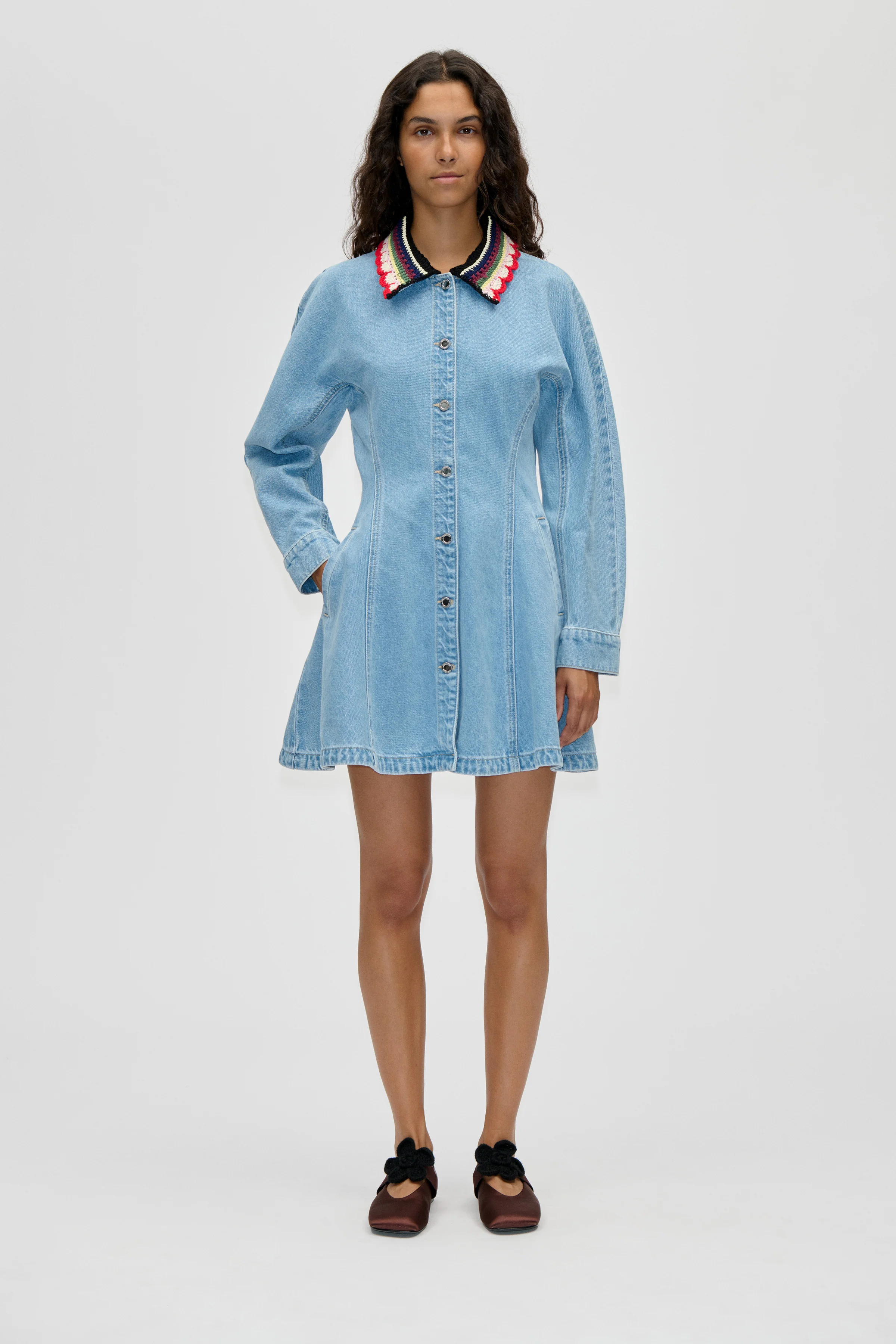 Collared Coat Mini Dress - Denim Blue