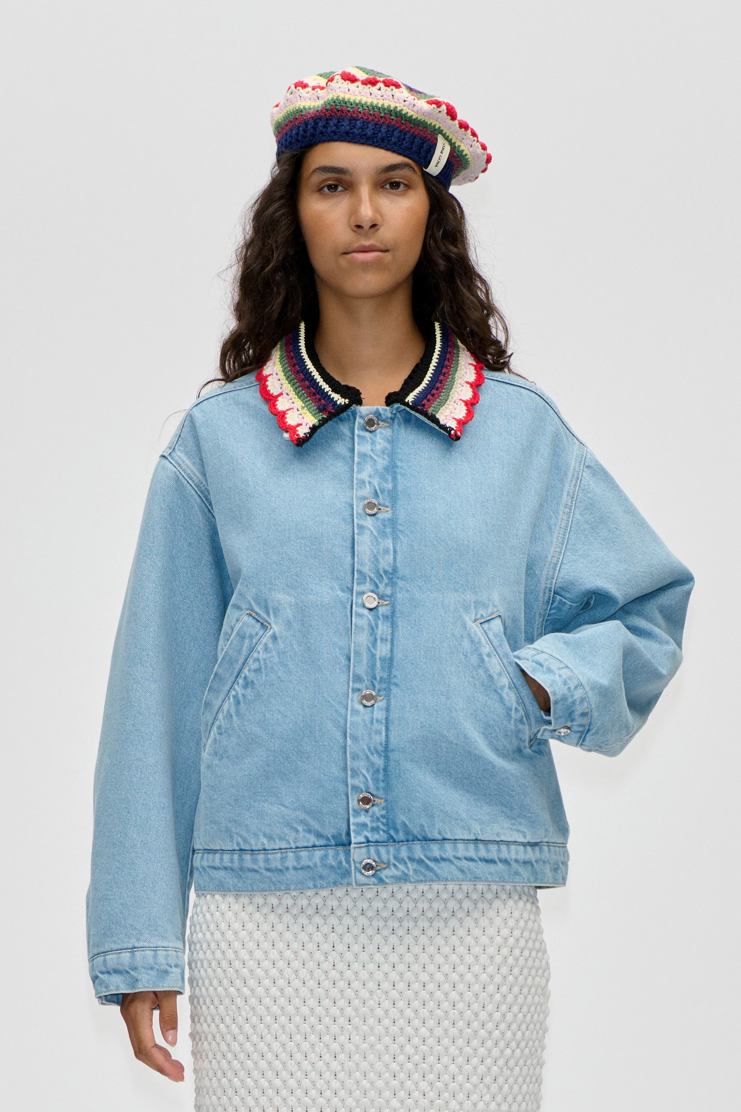 Collared Cropped Bomber - Denim Blue