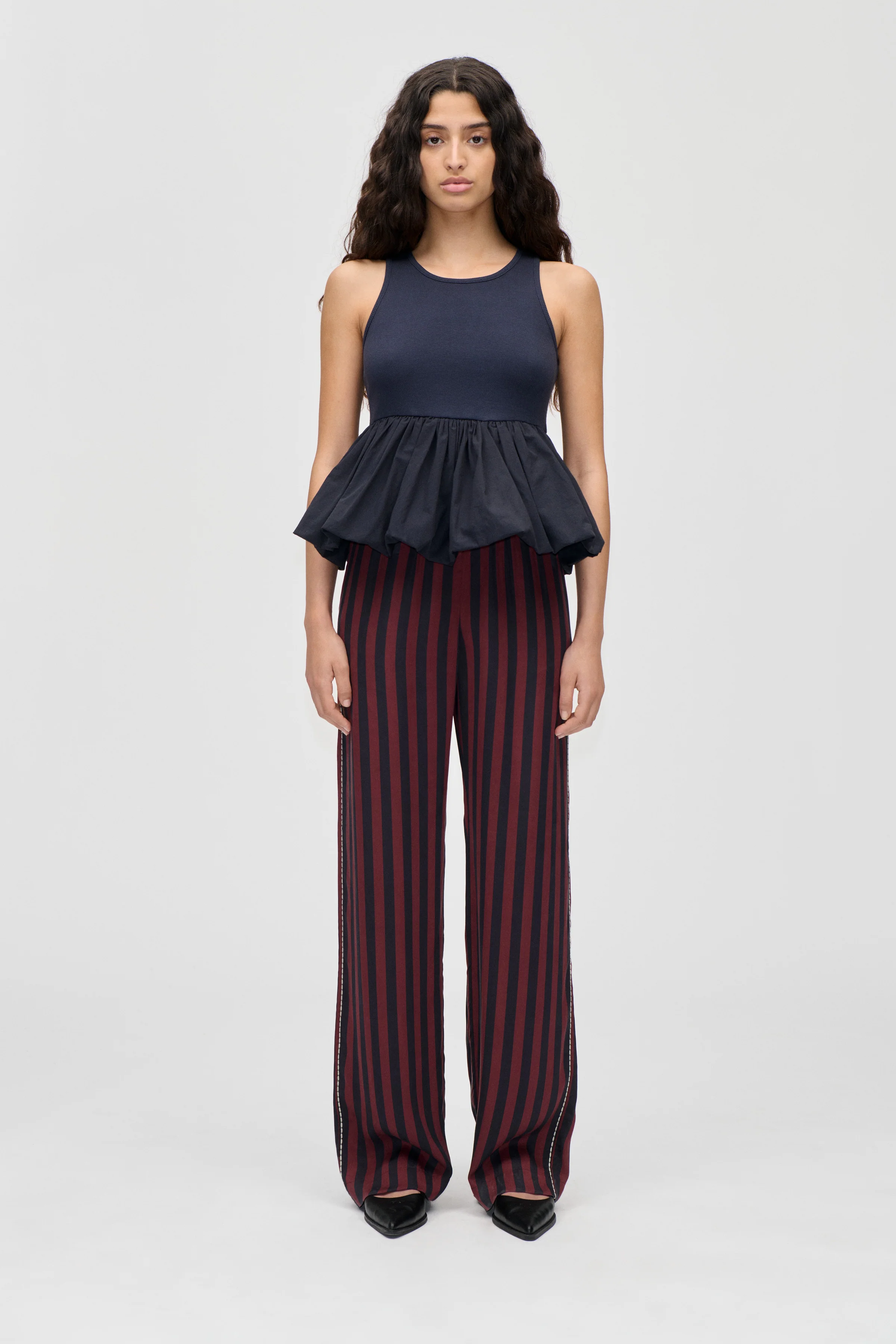 Elasticated Long Pants - Navy and Burgundy Wallpaper Stripes
