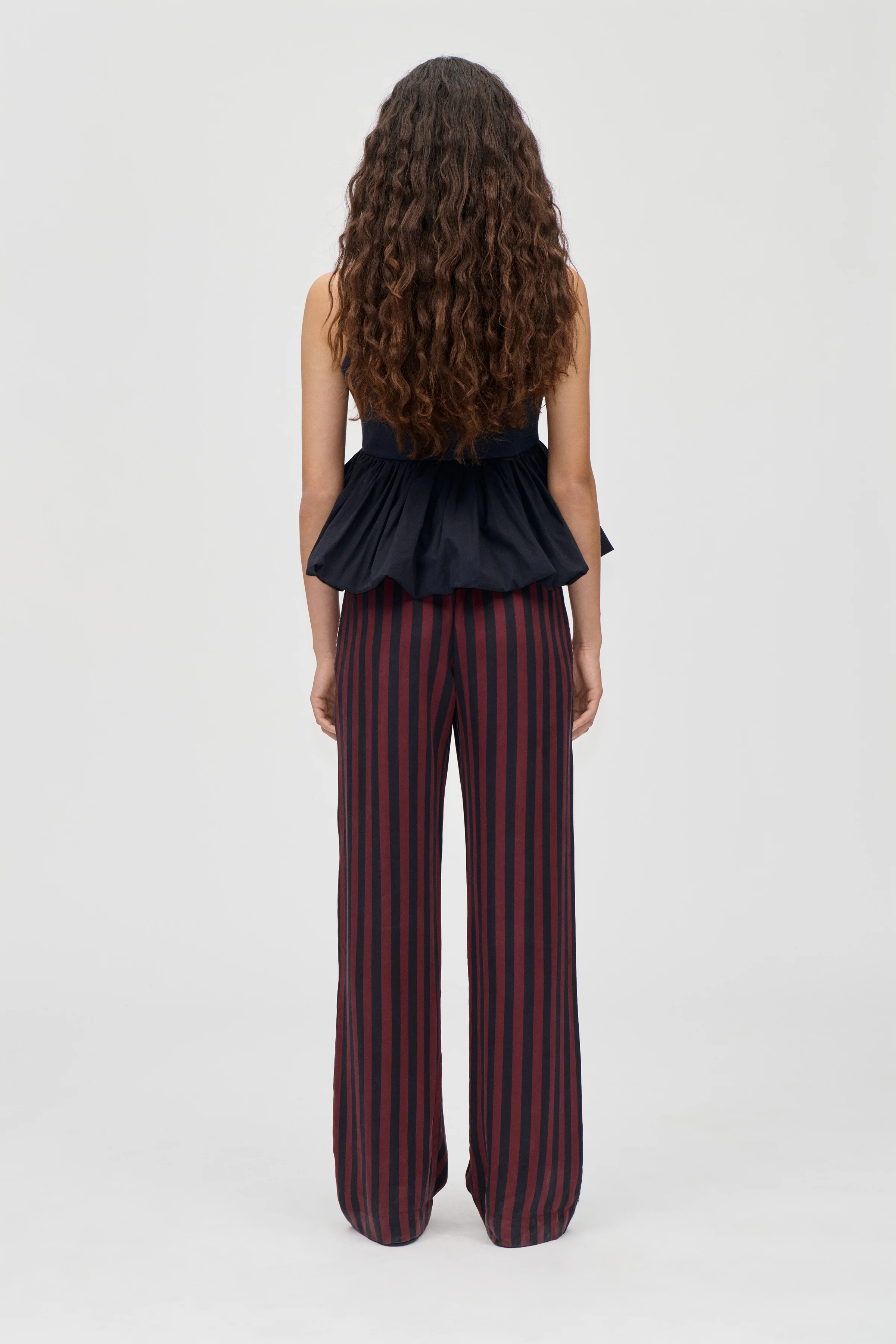 Elasticated Long Pants - Navy and Burgundy Wallpaper Stripes - Image 2