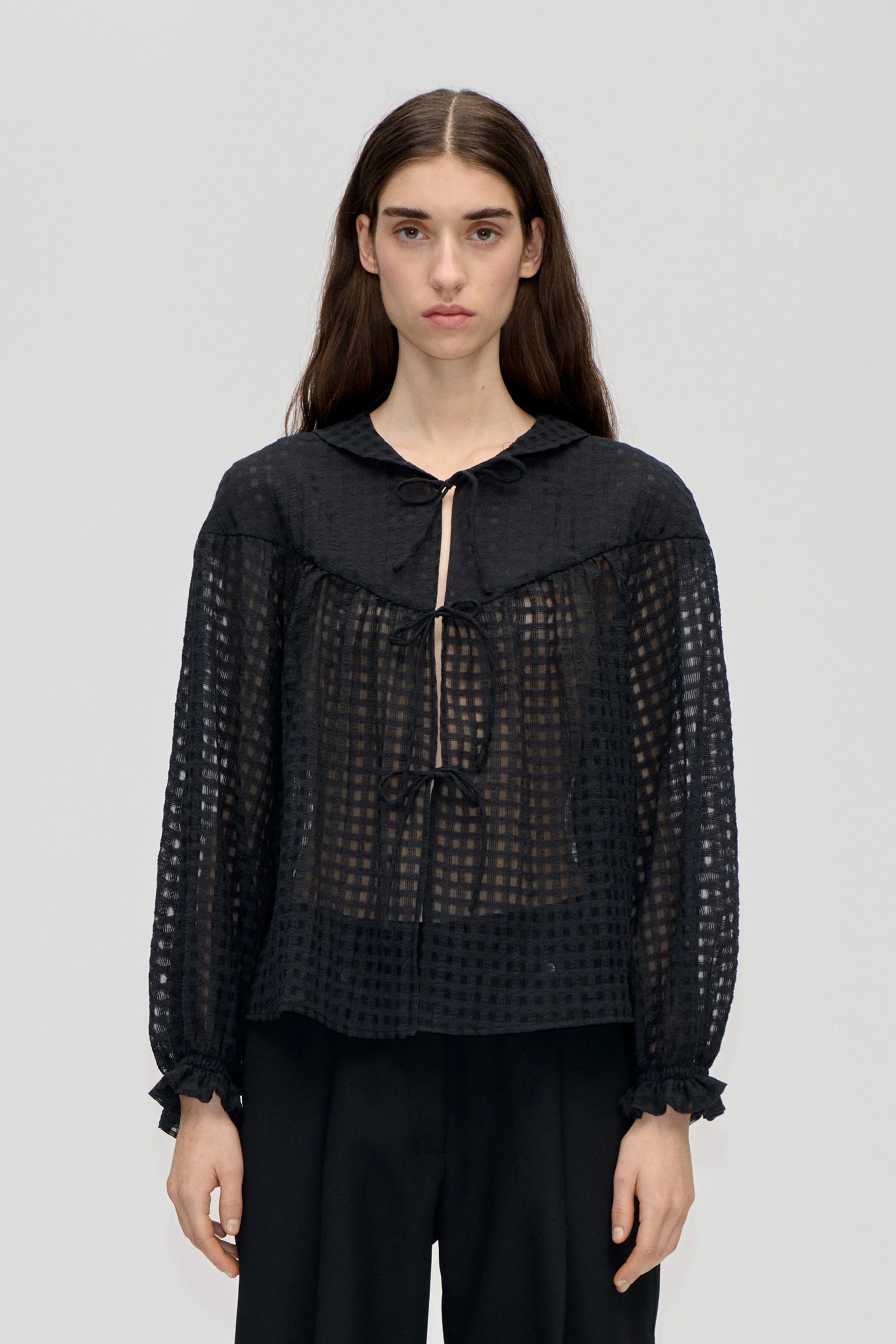 Flowy Long Sleeve Top - Checkered Organza