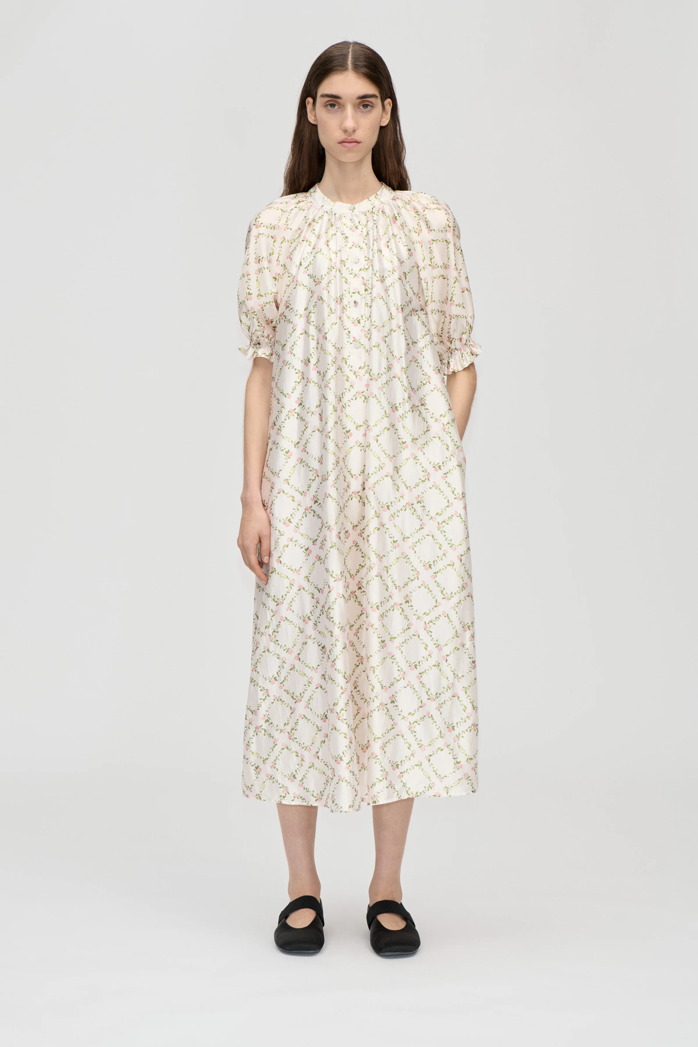 Front Placket Long Dress - Sakura Check Pink