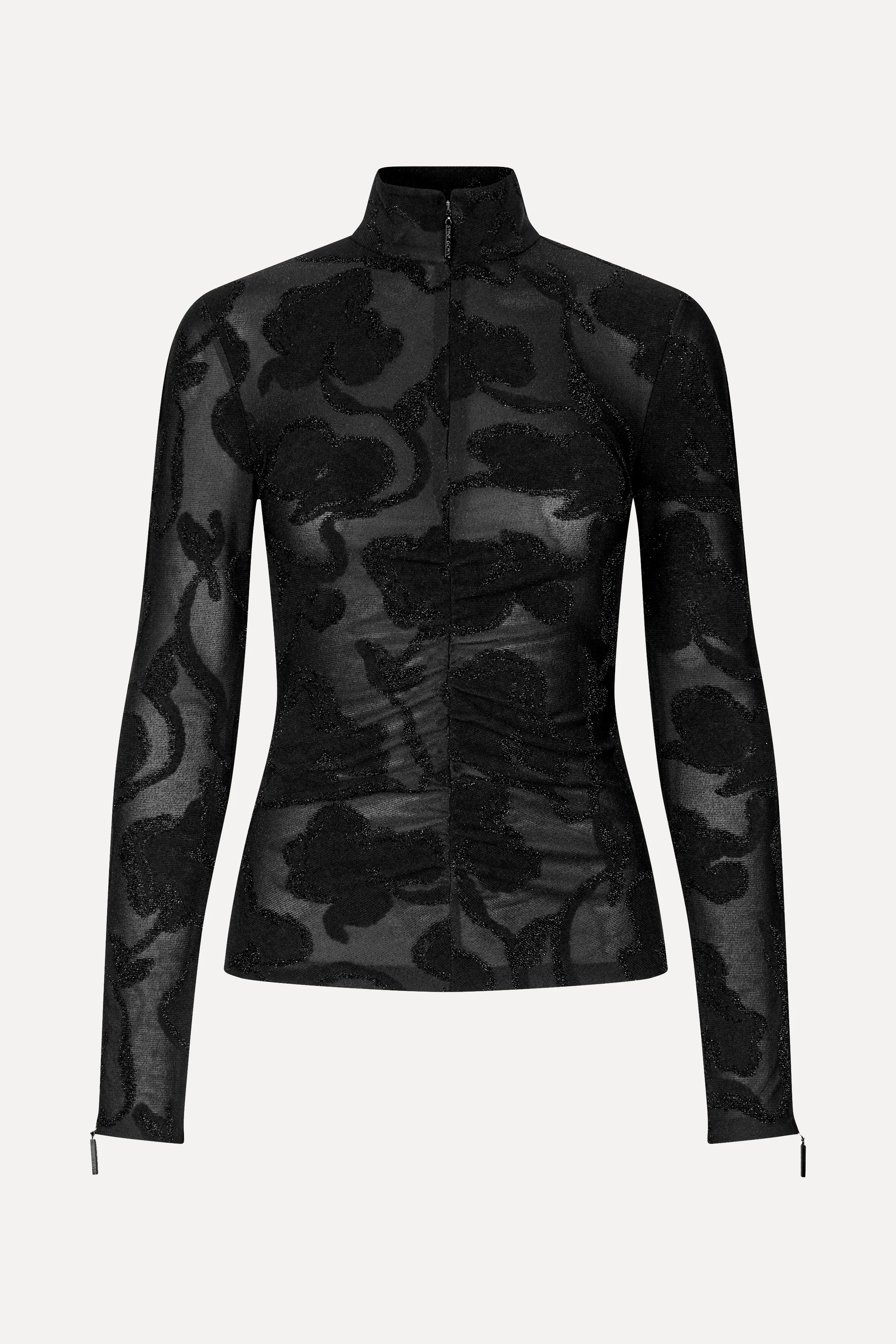 Gathered Long Sleeve High Neck Collar Top - Black Petunias - Image 3