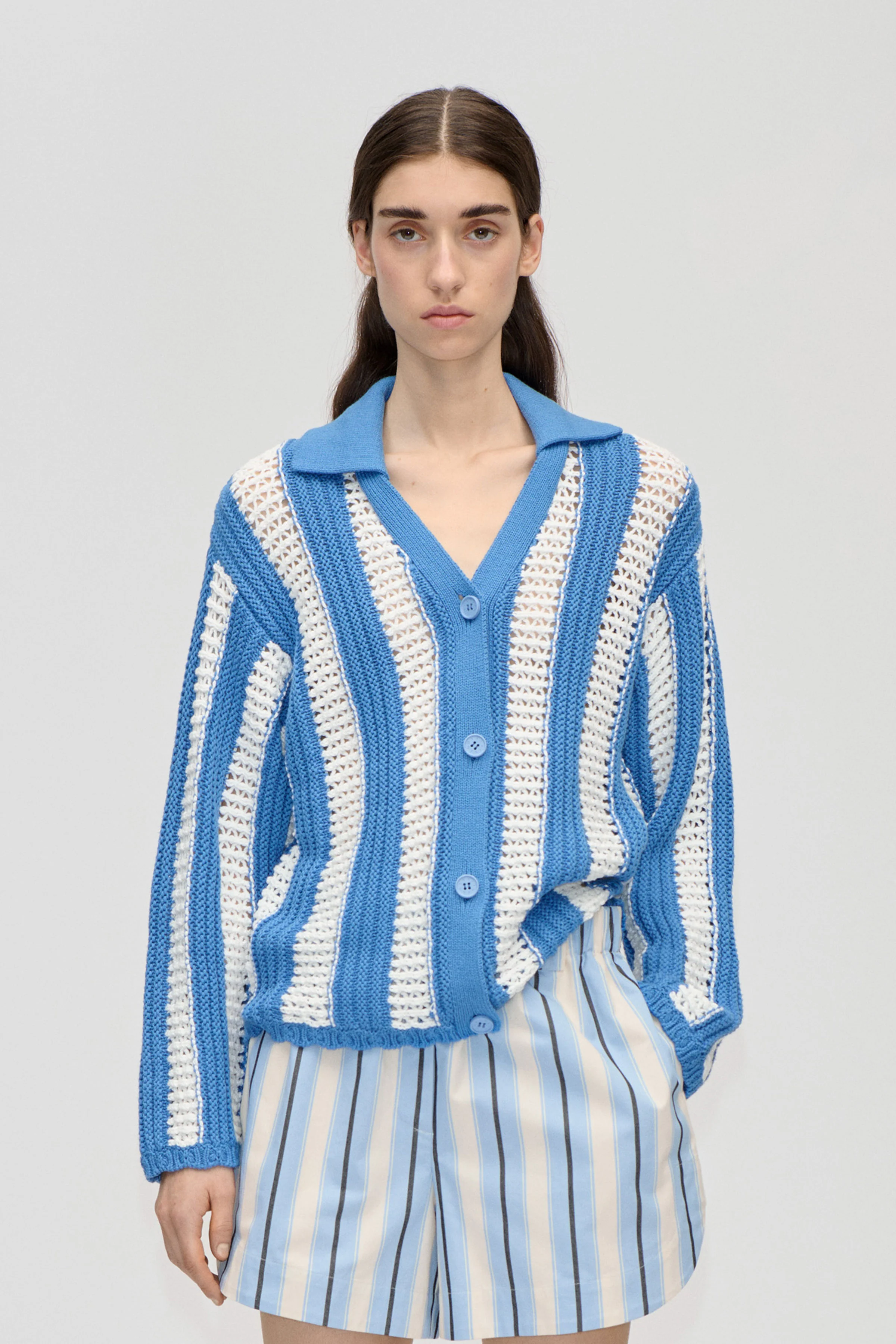 Knit Collar Cardigan - Baseball Stripes