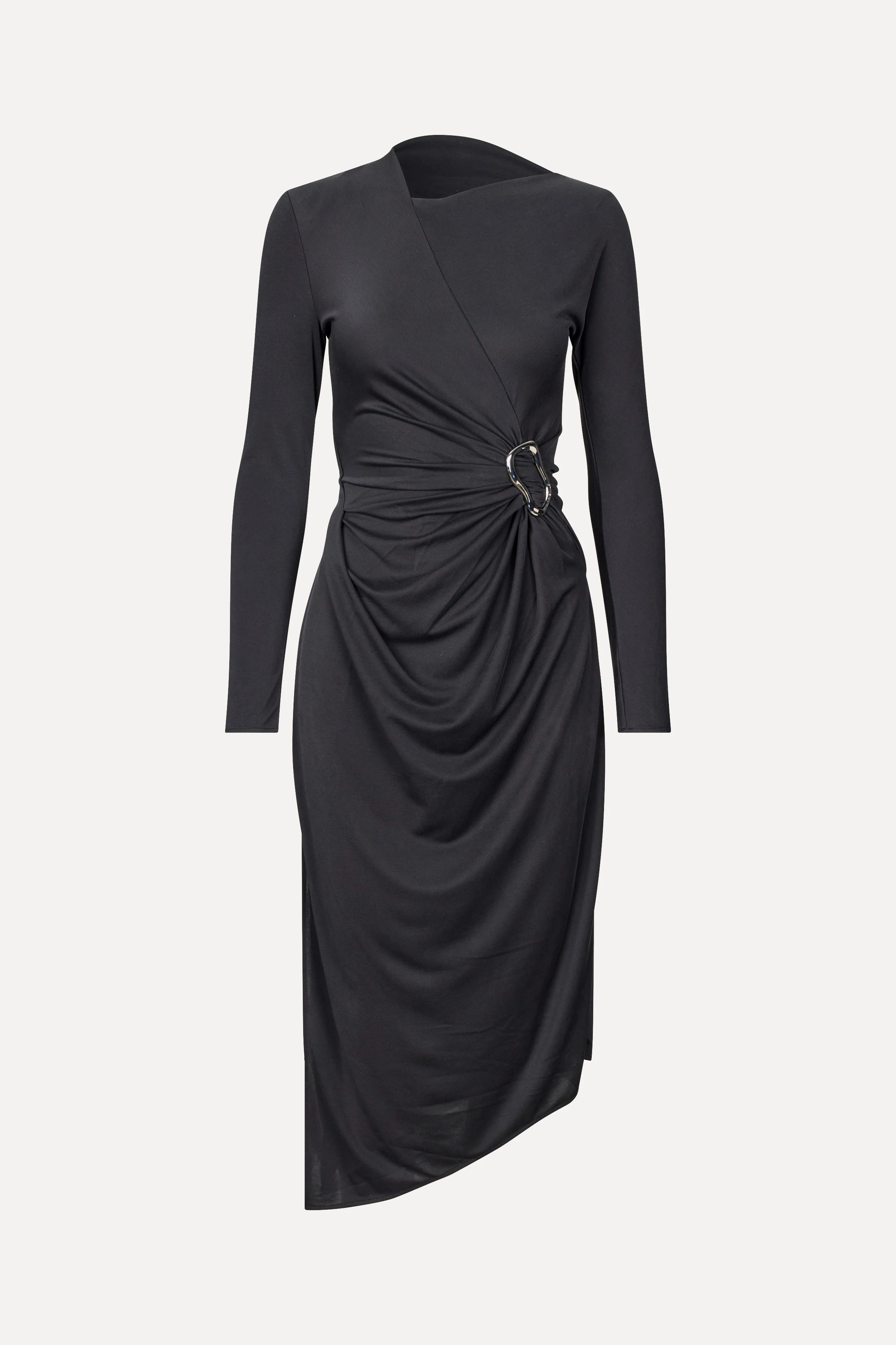 Long Sleeve Midi Dress With Fixed Buckle - Jet Black