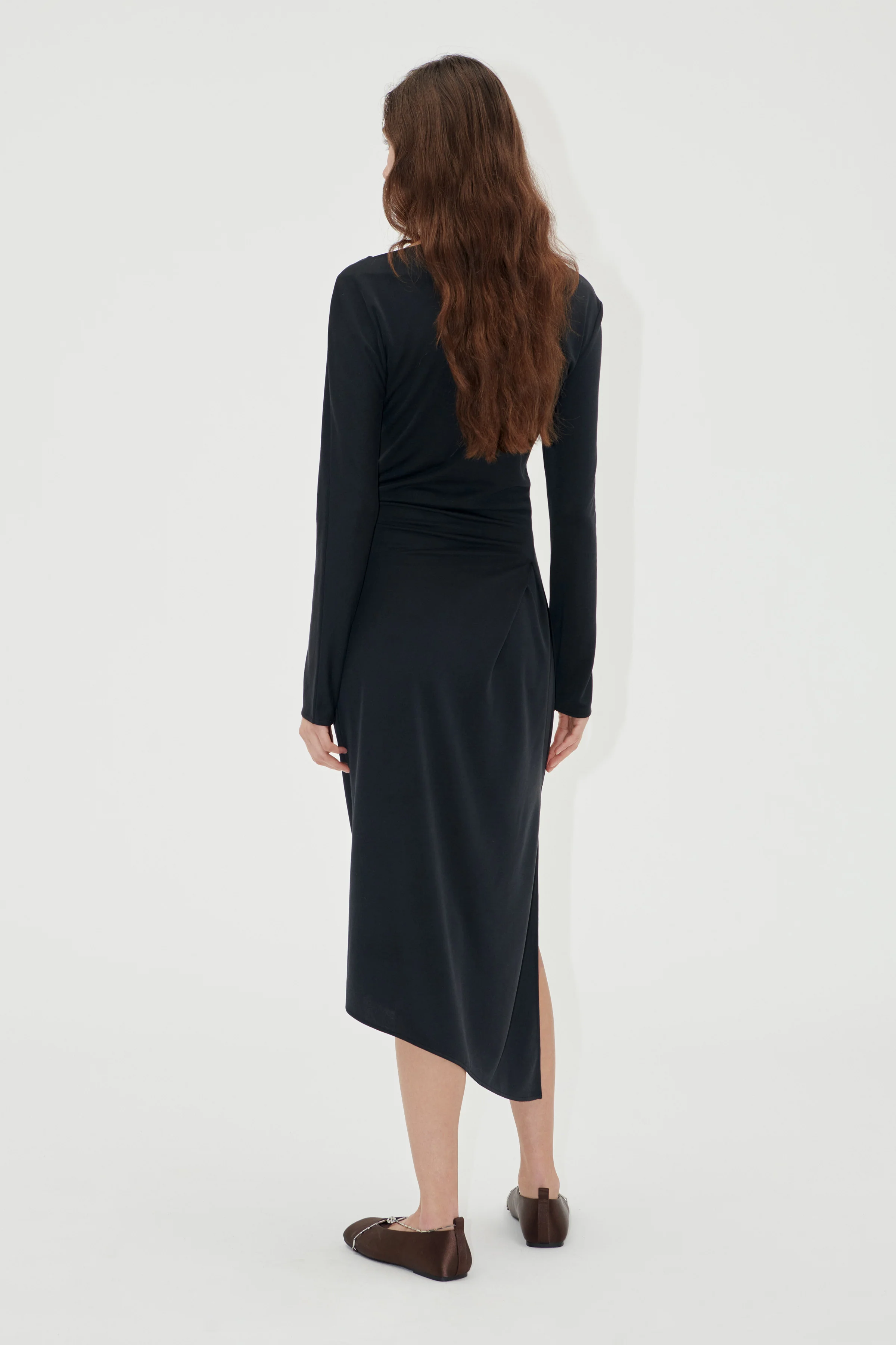 Long Sleeve Midi Dress With Fixed Buckle - Jet Black - Image 4