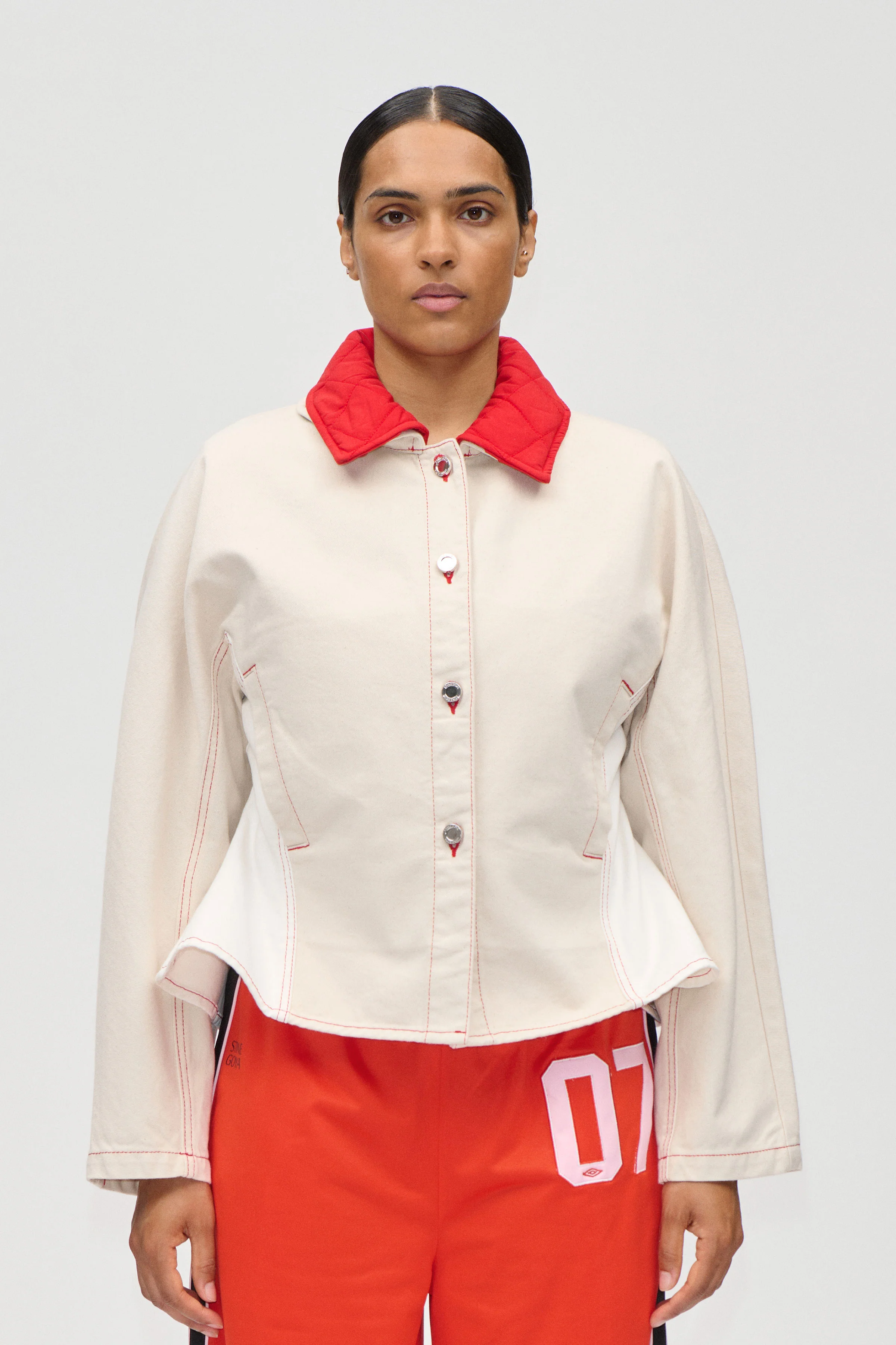 Peplum Collar Jacket - Natural / Contrast Red - Image 7