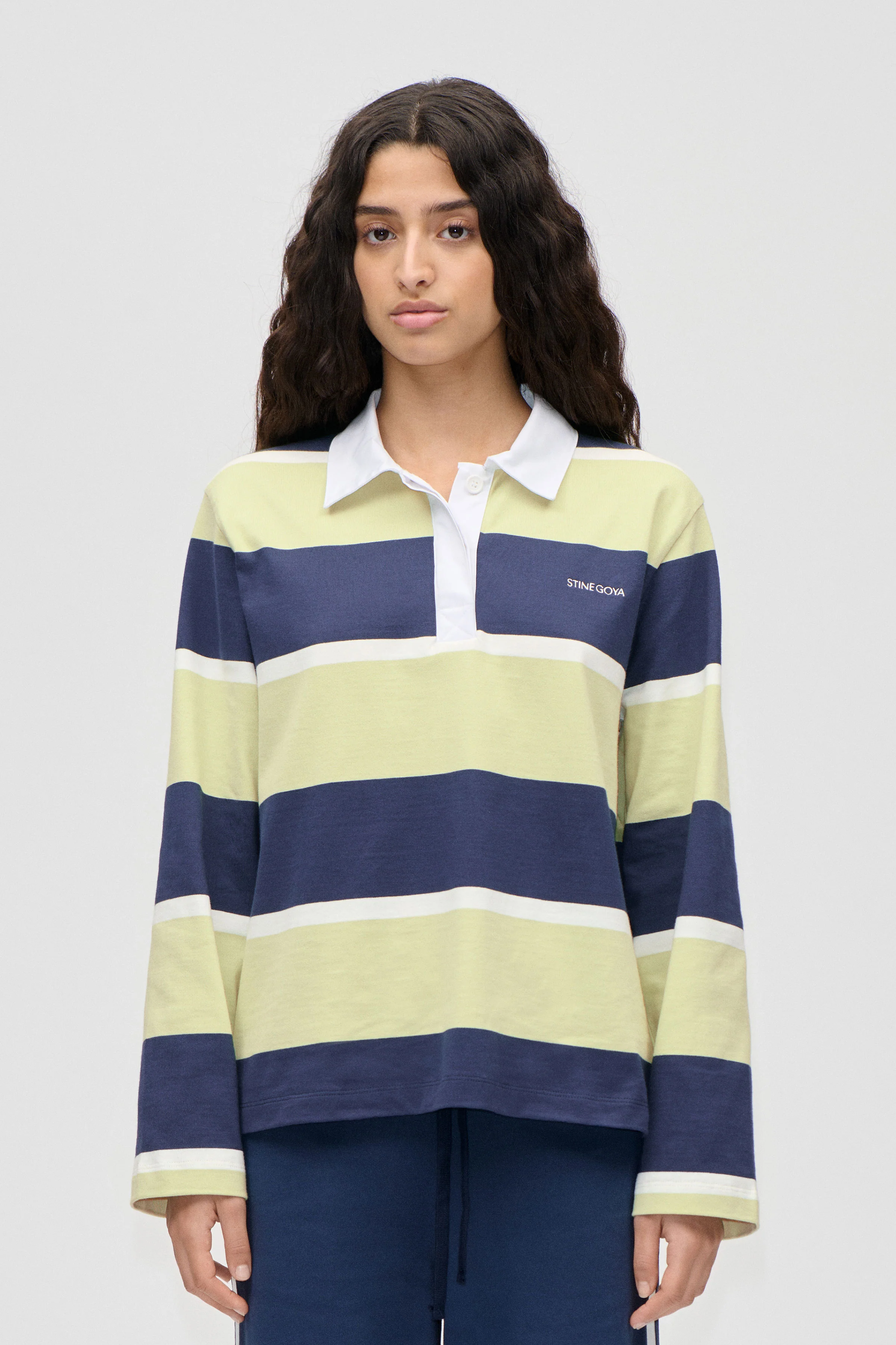 Polo Long Sleeve Top - Yellow and Navy Blue Stripes