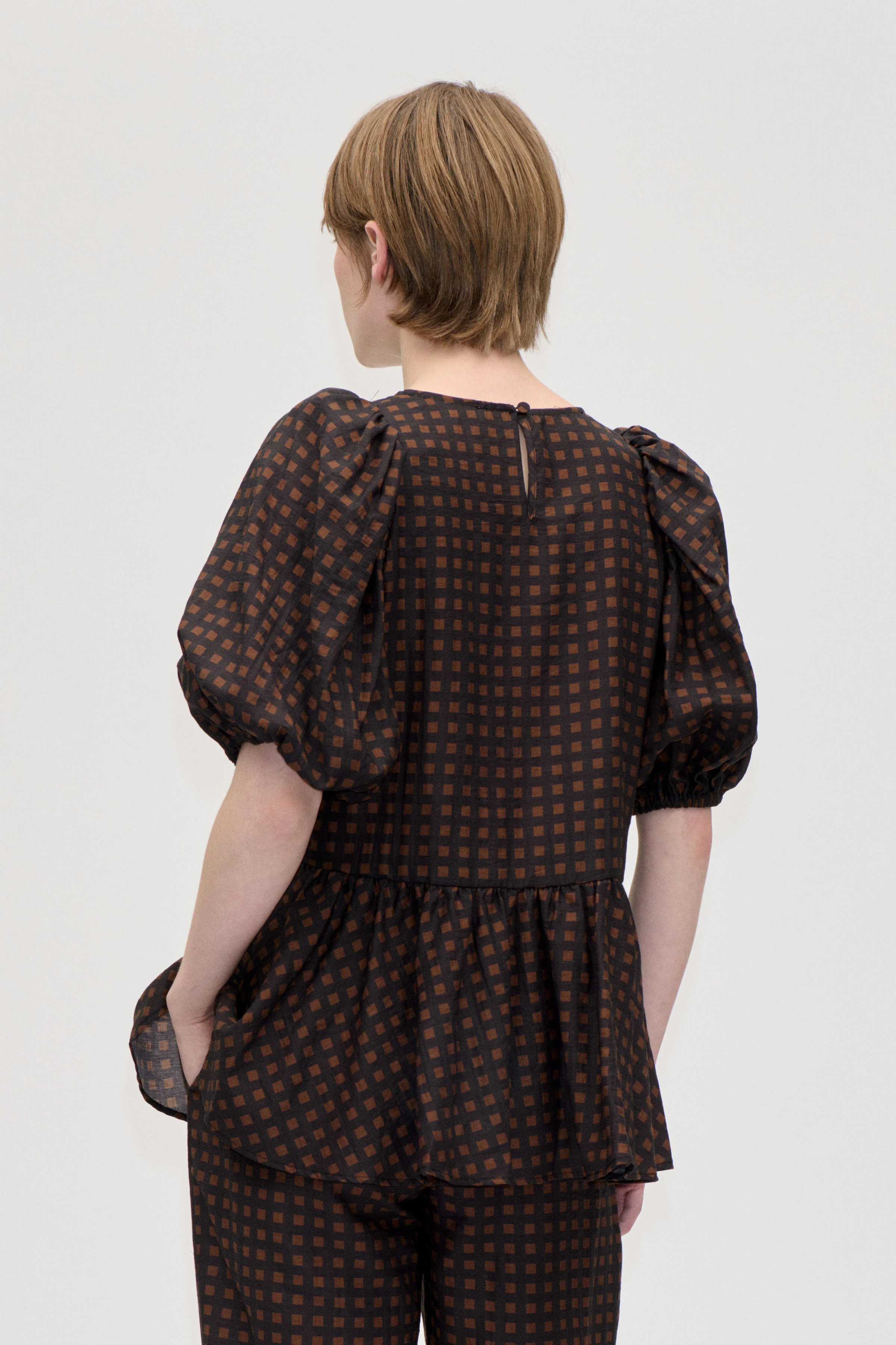 Puff Sleeve Peplum Top - Morgensol Checks - Image 4