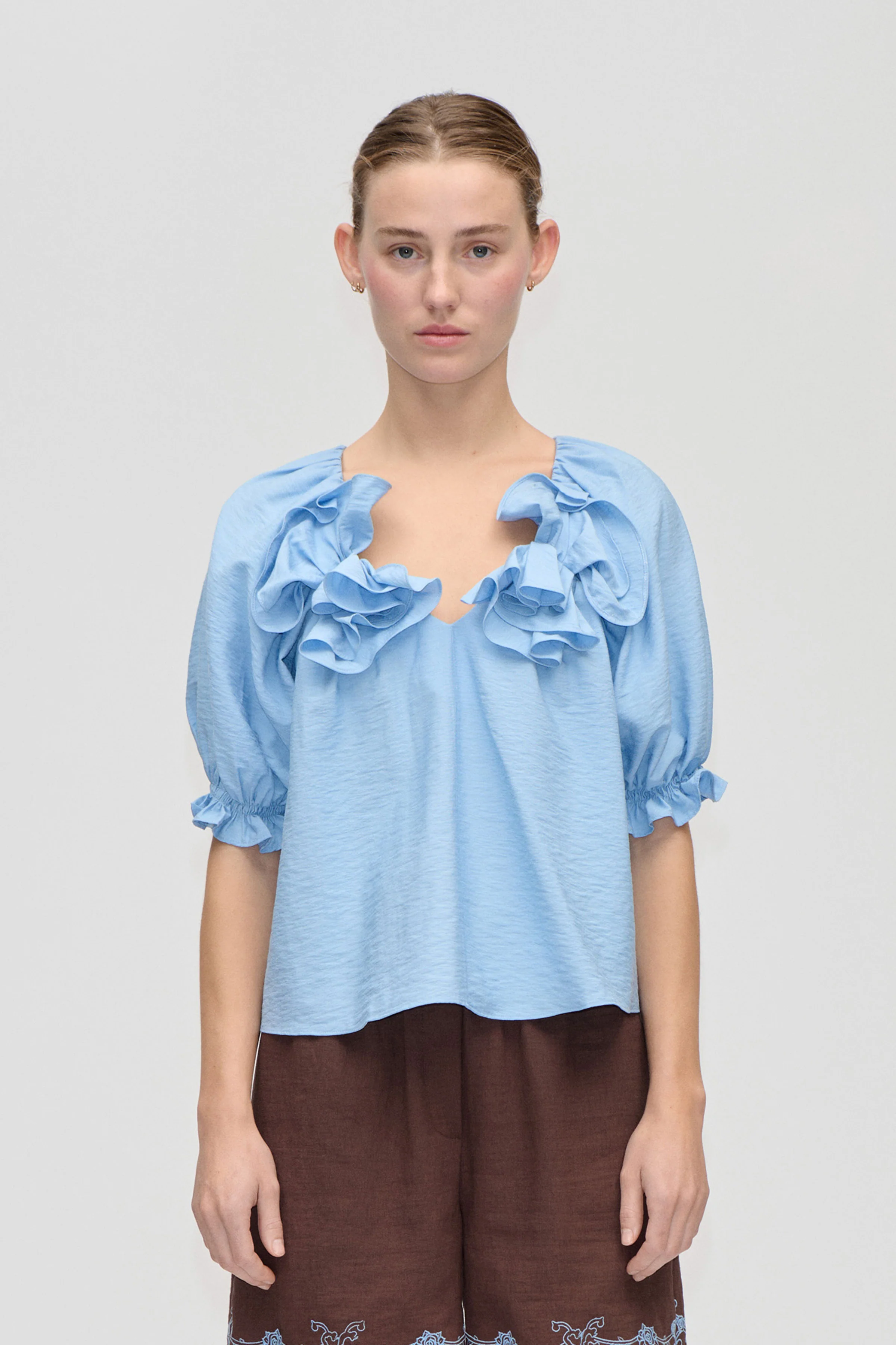 Puff Sleeve Top With Flower Details - Bel Air Blue