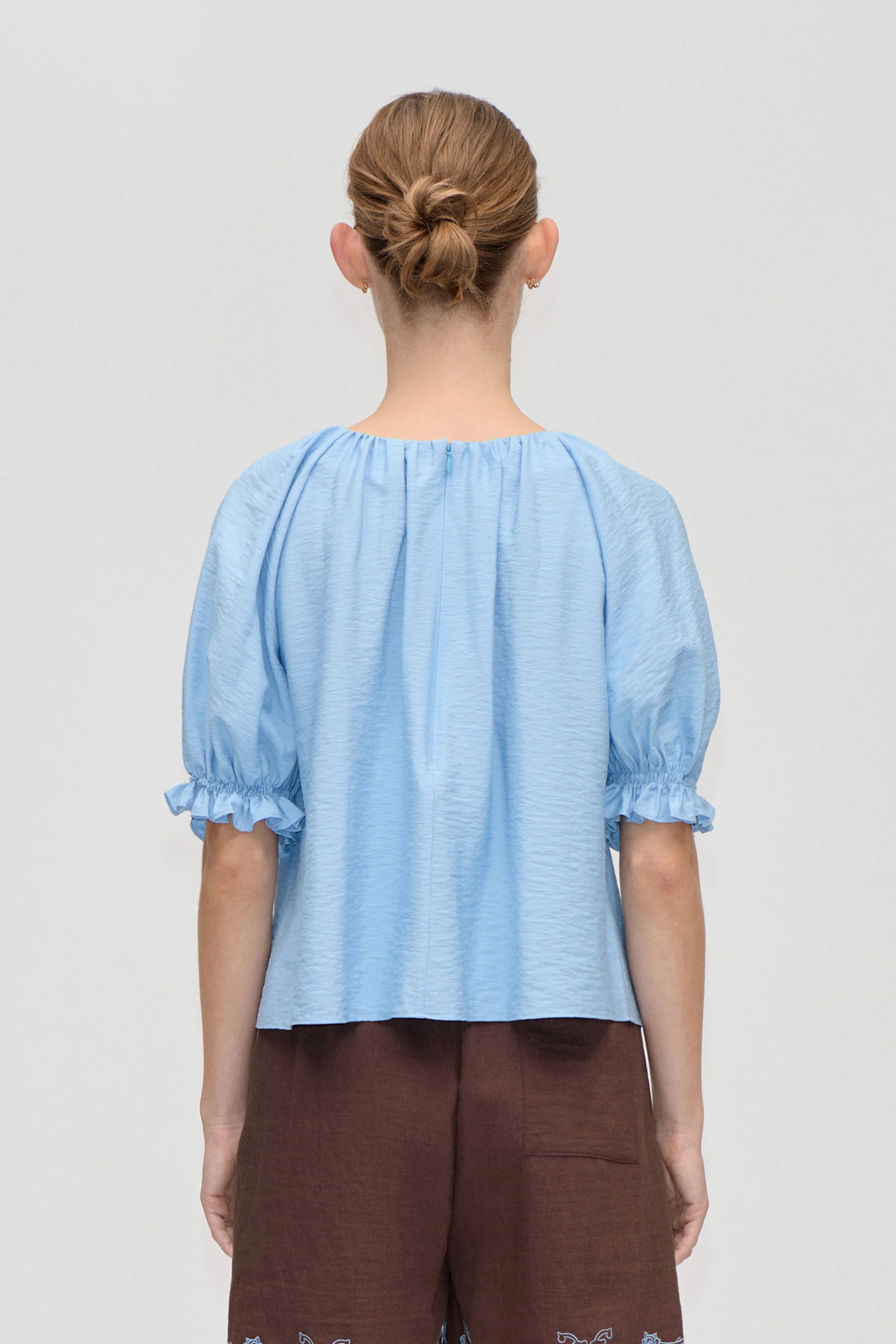 Puff Sleeve Top With Flower Details - Bel Air Blue - Image 2