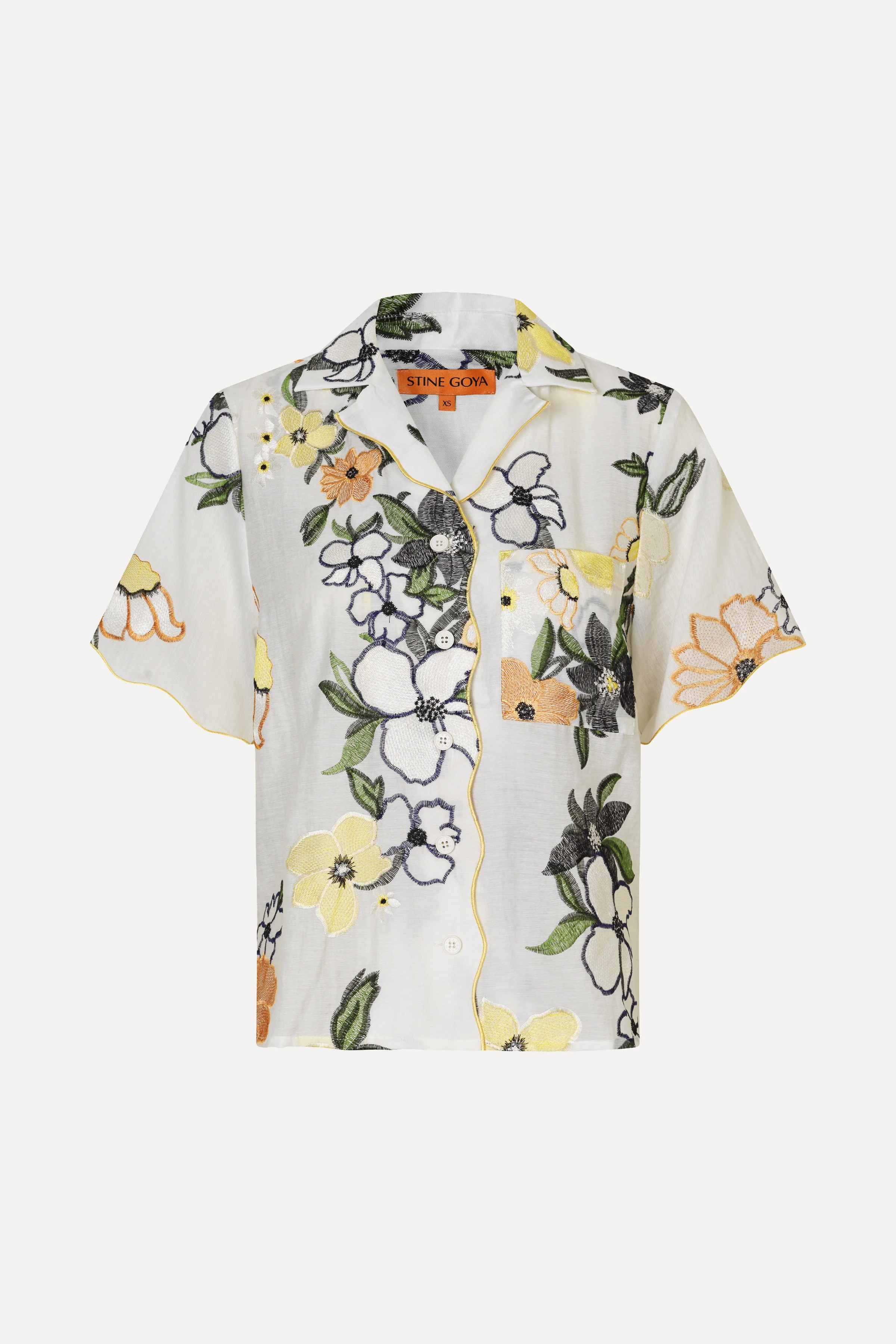 Scalloped Short Sleeve Shirt - Wild Flowers Embroidery