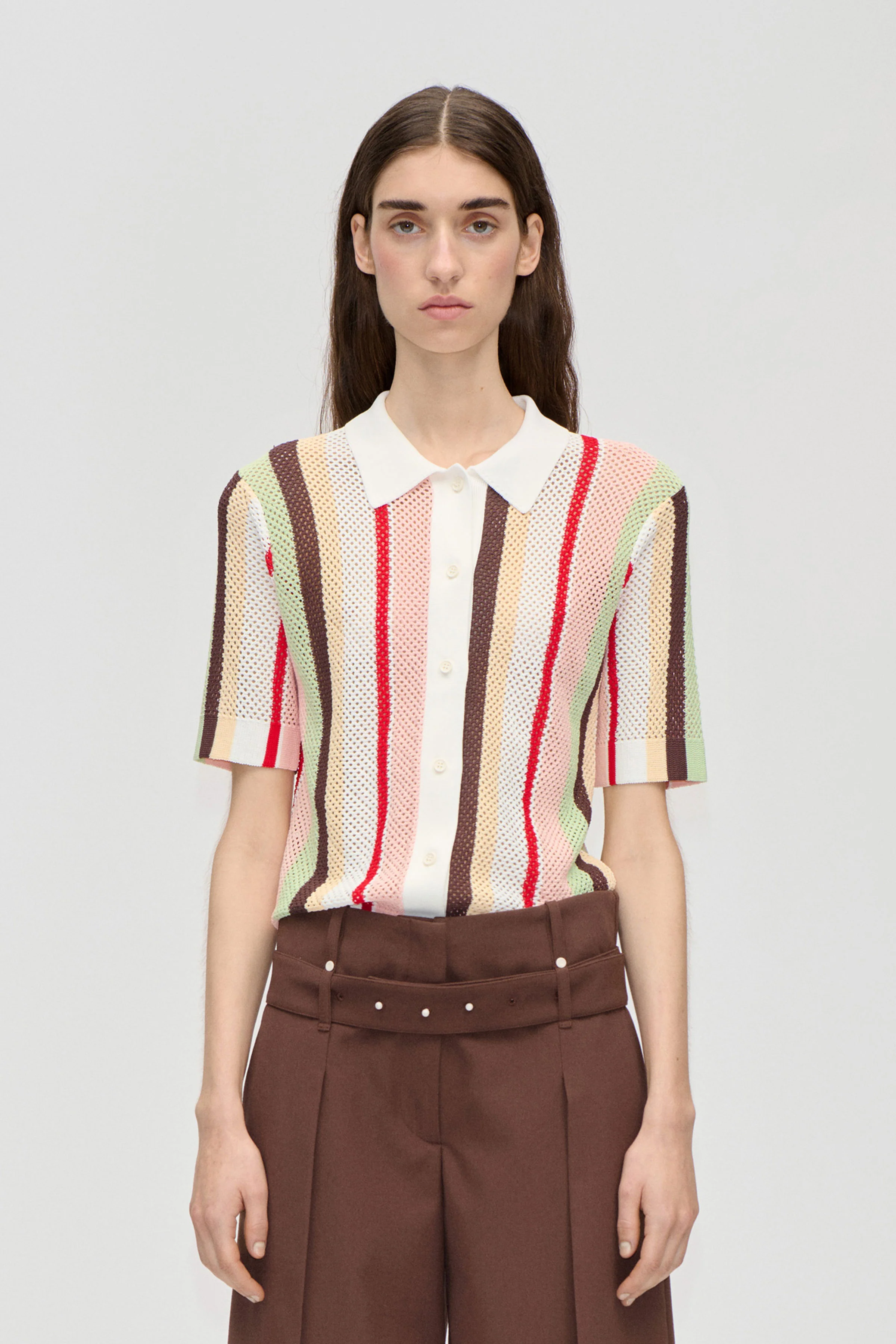 Short Sleeve Crochet Polo - Baseball Pinstripes