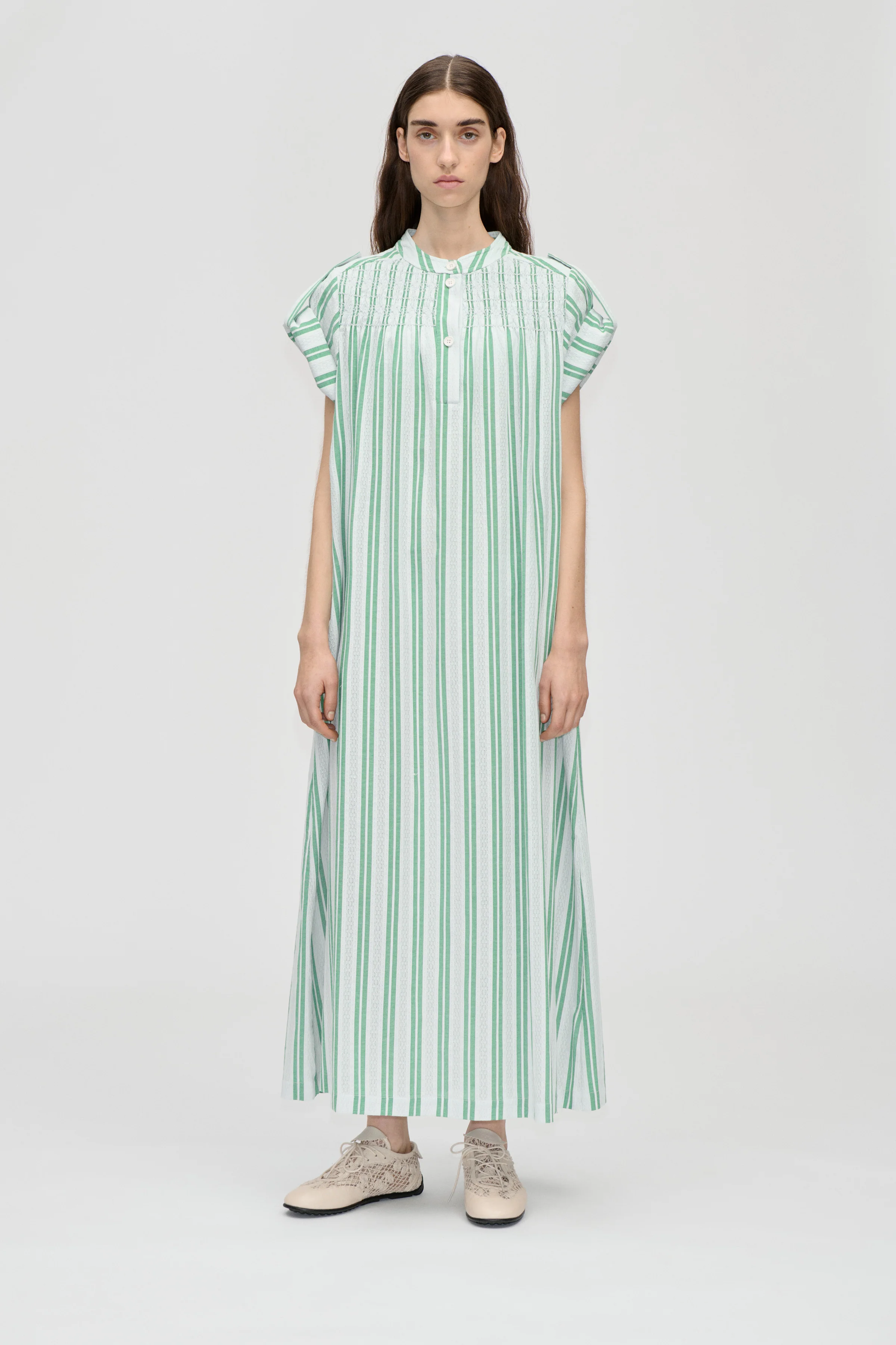 Smocked Tunic Long Dress - Smocked Stripes