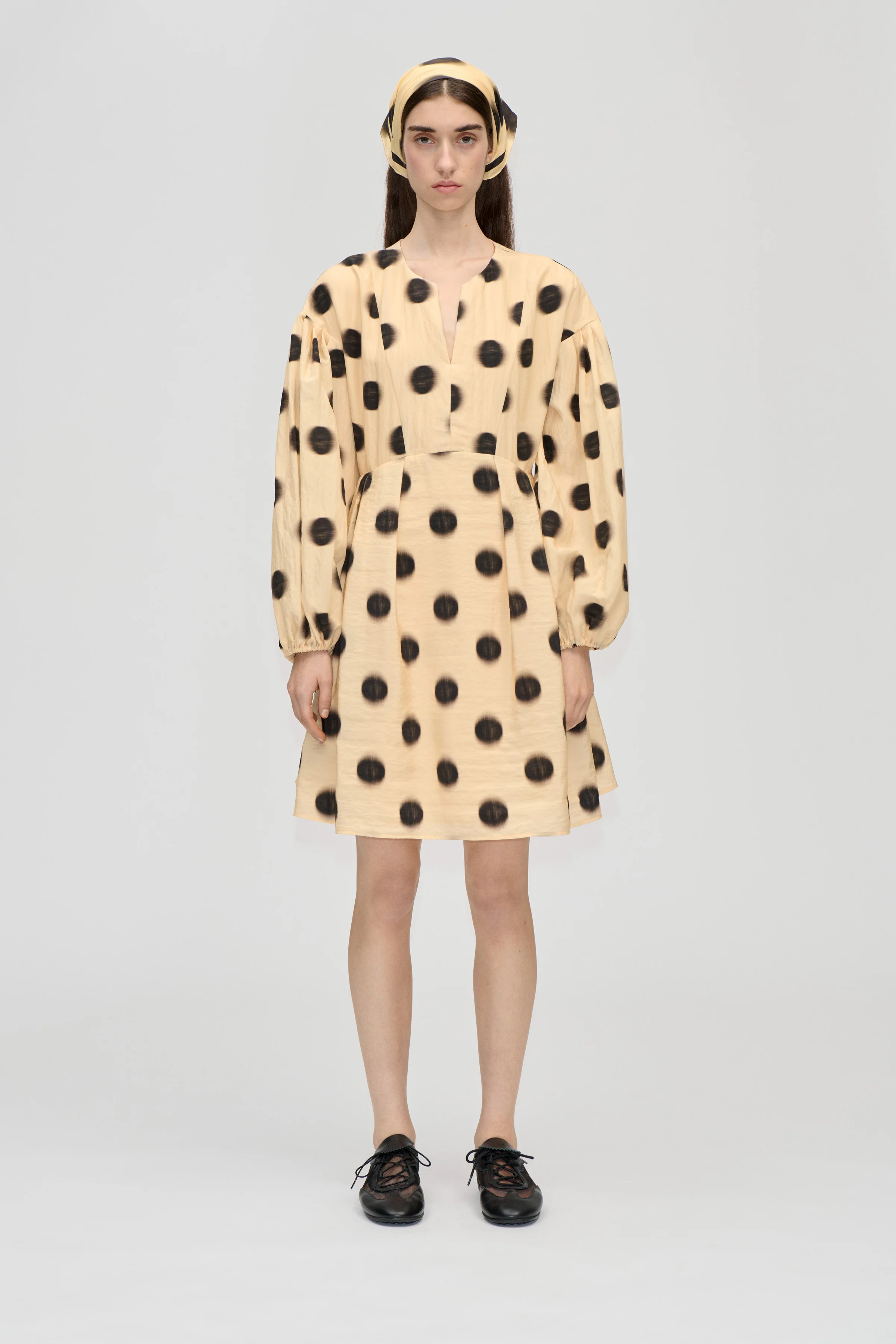 Voluminous Long Sleeve Mini Dress - Dots in Motion