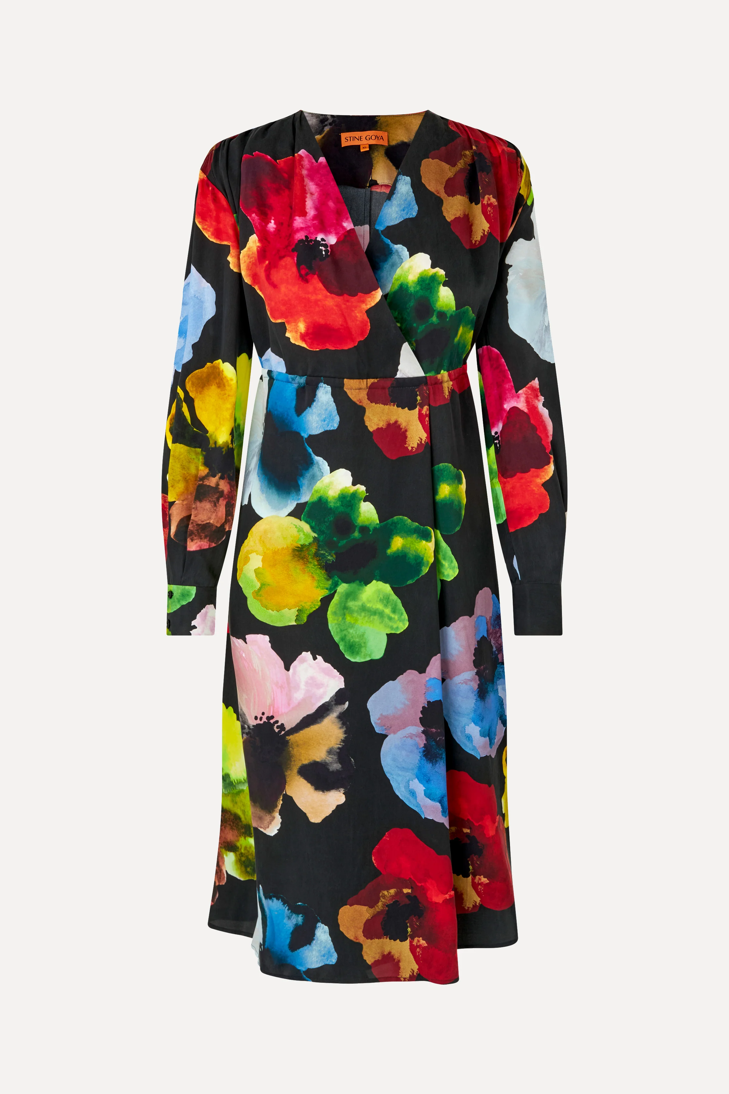 Voluminous V Neck Midi Dress - Watercolor Bloom
